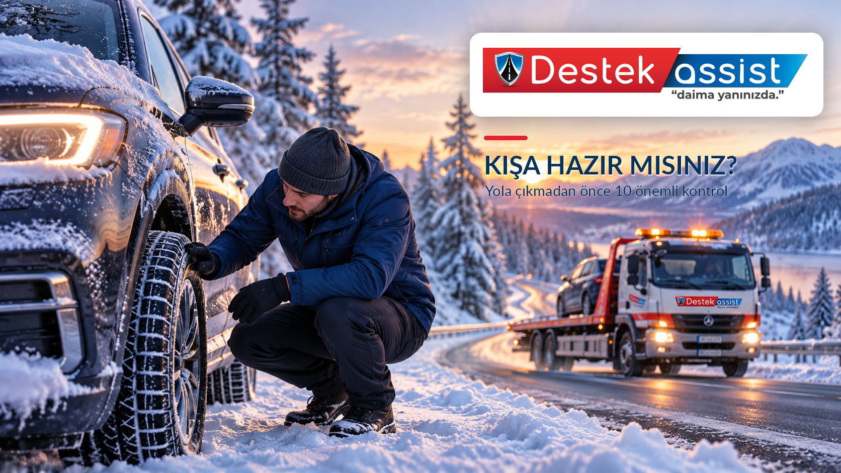 Karlı yolda ilerleyen araç ve kış öncesi araç kontrolünü anlatan Destek Assist blog görseli